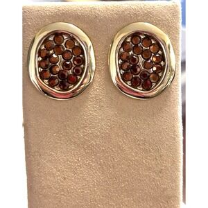 Vintage Oval Gold Tone Stud Earrings Brown Multiple Rhinestones Pierced VGUC